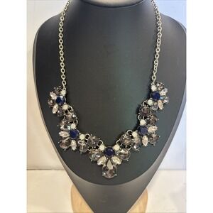 Statement Bib Necklace Gray Crystal Rhinestone Floral Cluster 19 Inch Chain